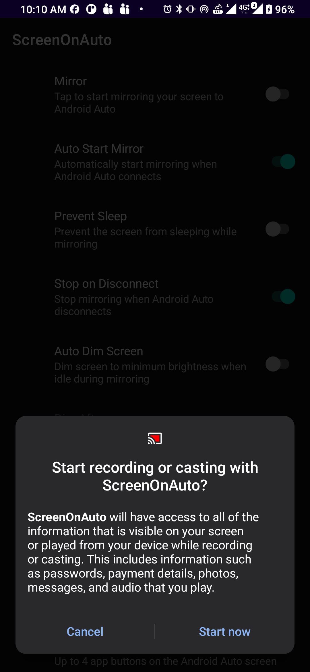 Screen-capture permission dialog on the phone